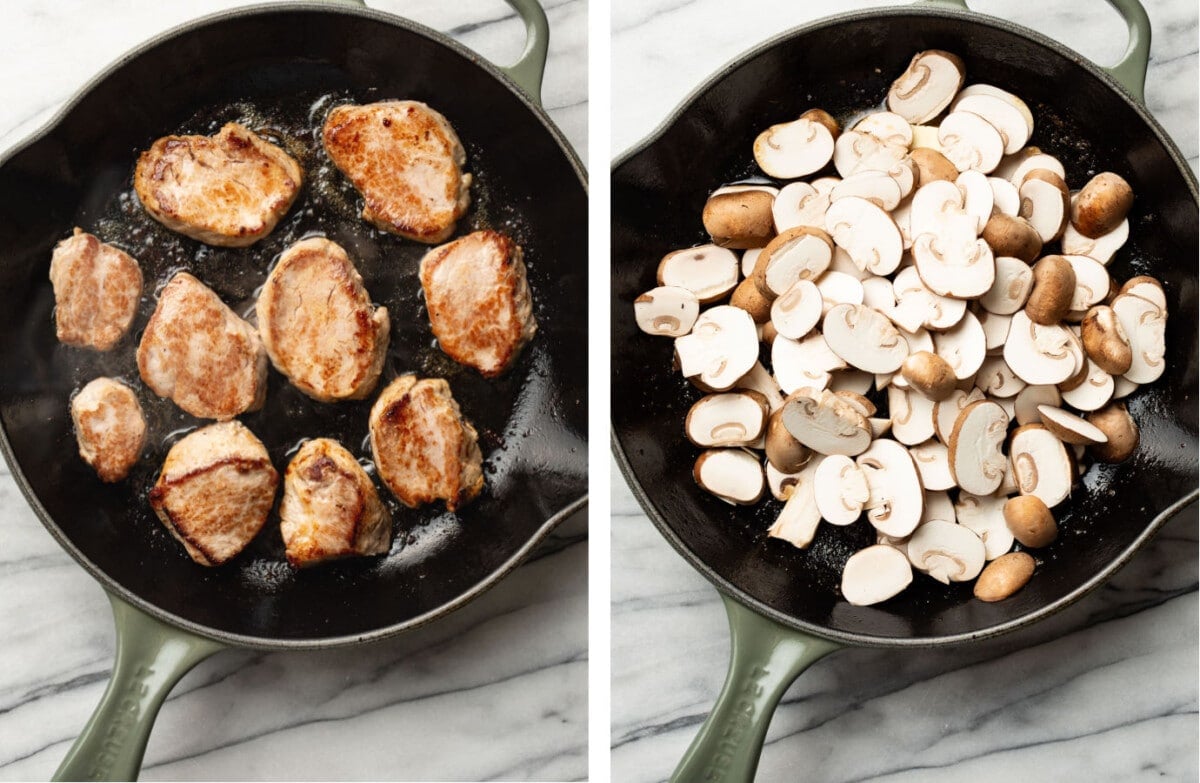 pan searing pork tenderloin in a skillet and sauteing mushrooms