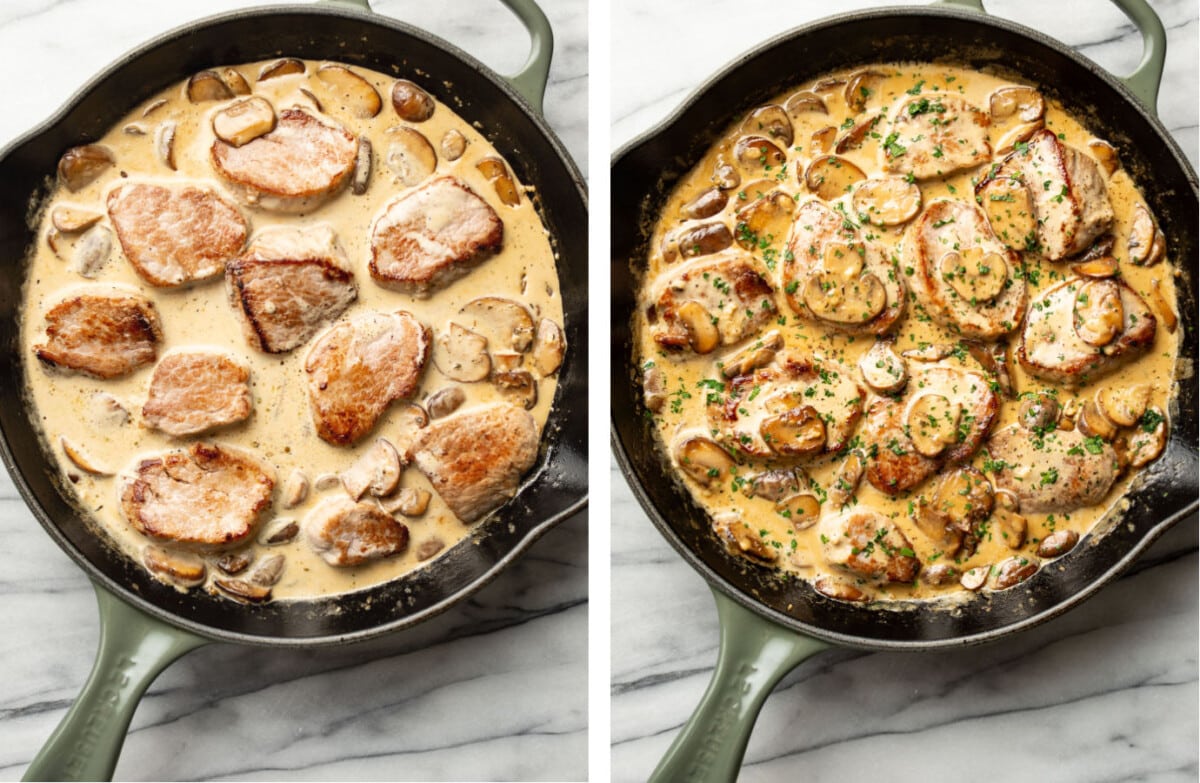 creamy mushroom pork tenderloin in a skillet before and after cooking