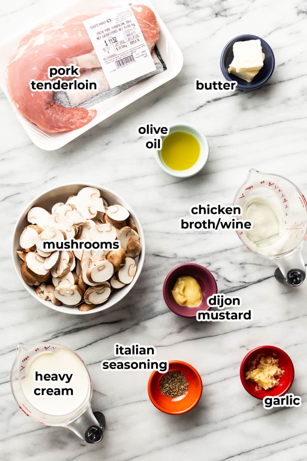 ingredients for creamy mushroom porn tenderloin in prep bowls