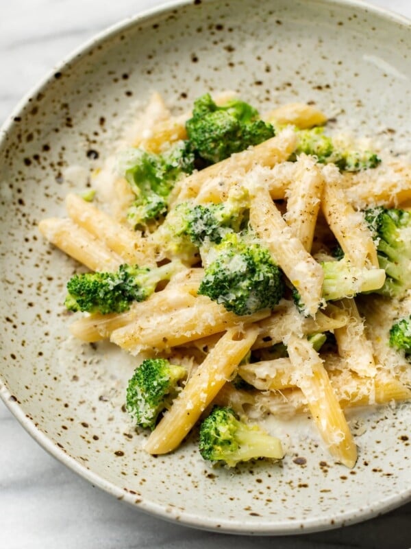 close-up of easy broccoli pasta in a shallow bowl
