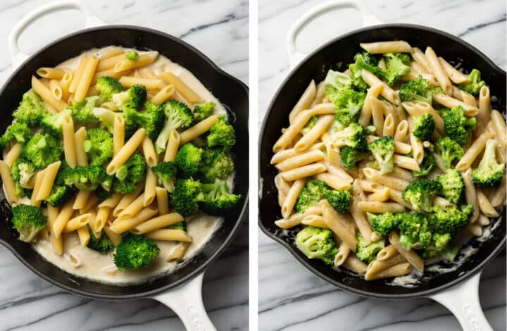 tossing penne and broccoli in creamy pasta sauce in a skillet