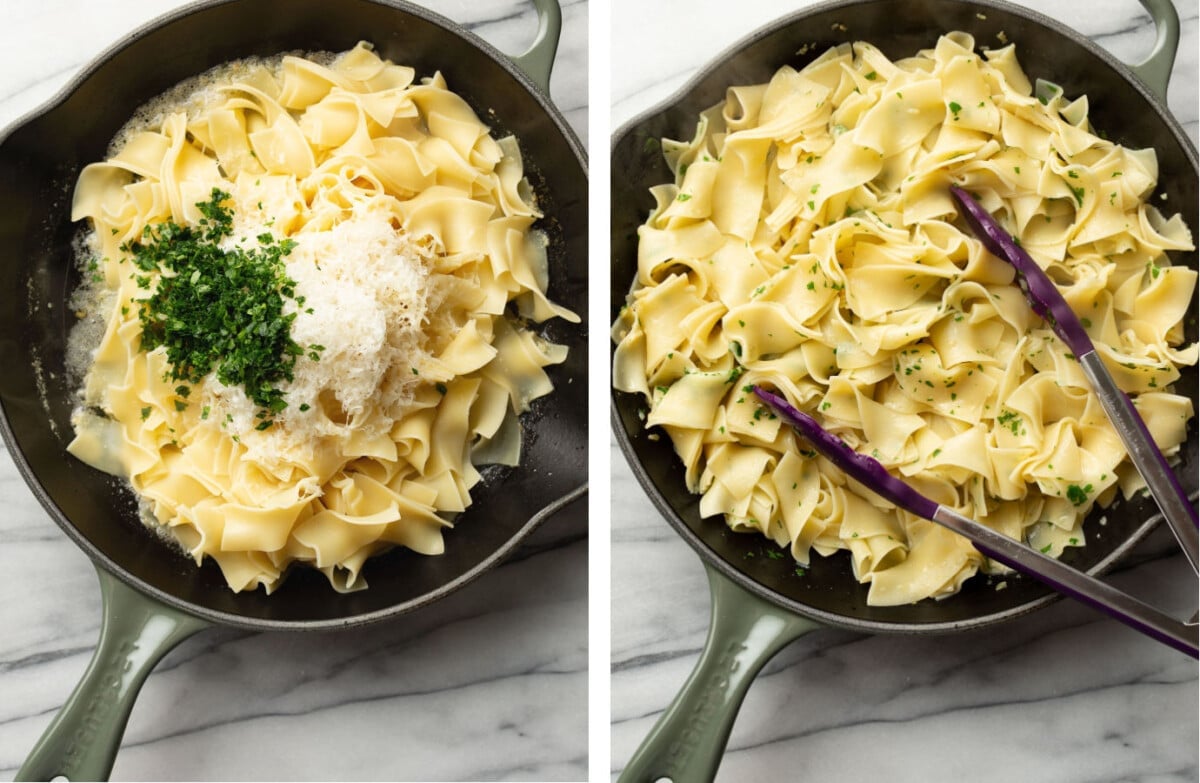 tossing egg noodles in a skillet with parmesan, butter, and parsley