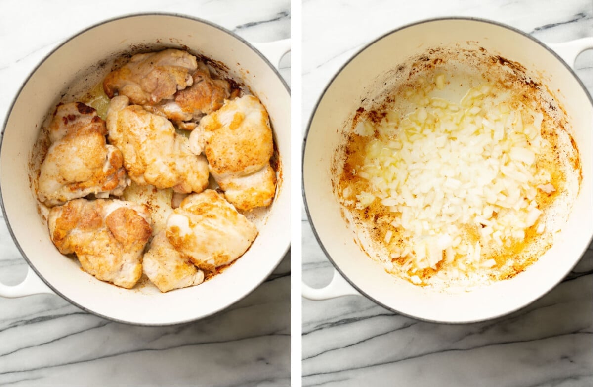 pan searing chicken in a dutch oven then sauteing onions