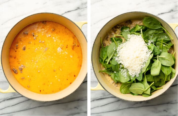 adding broth, cream, parmesan, and spinach to a pot of italian sausage orzo