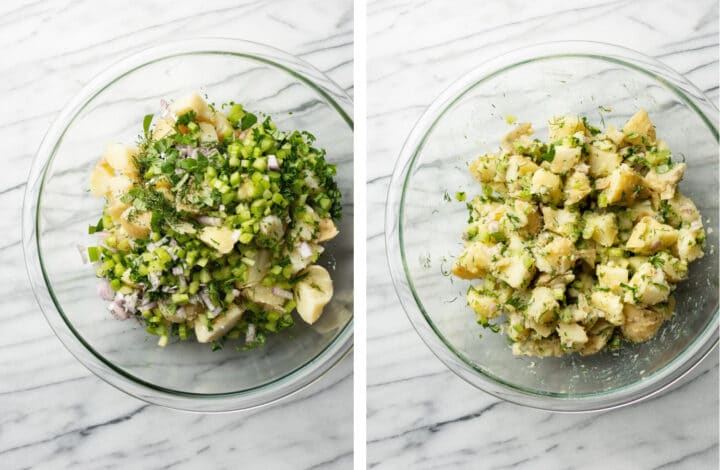 adding ingredients for potato salad with a vinaigrette to a glass mixing bowl