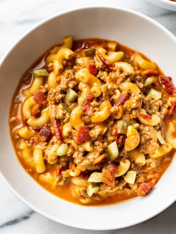 close-up of a bowl of cheeseburger macaroni