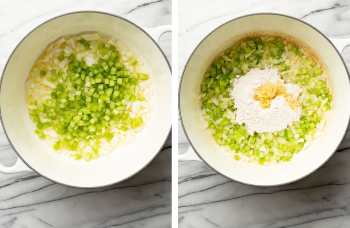 sauteing onion and celery in a soup pot and stirring in flour