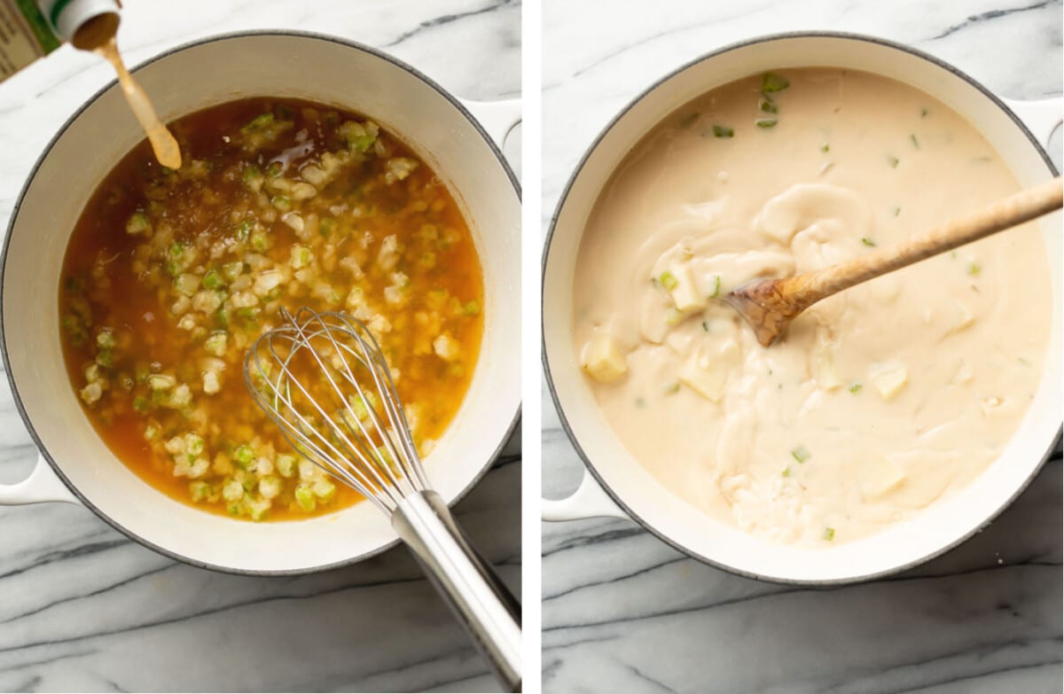 pouring in broth to a soup pot and stirring in cream and potatoes