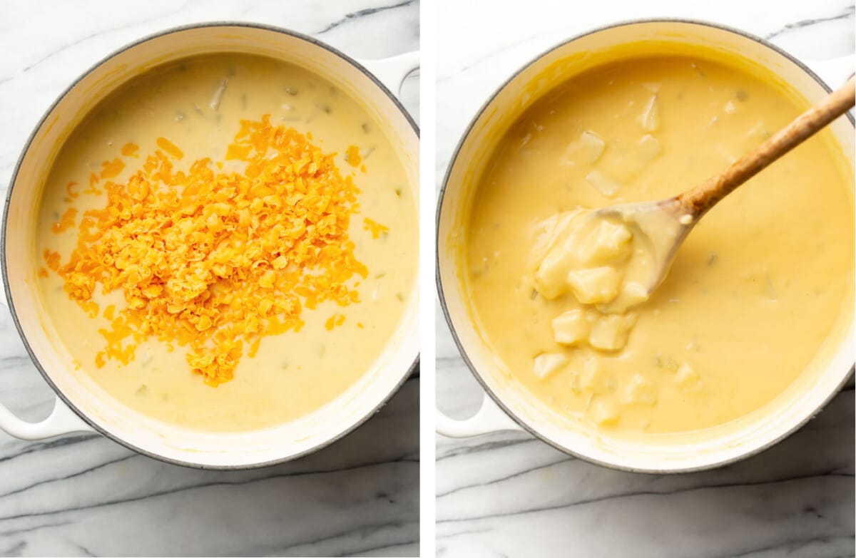 adding cheddar to a pot of potato soup and stirring with a wooden spoon