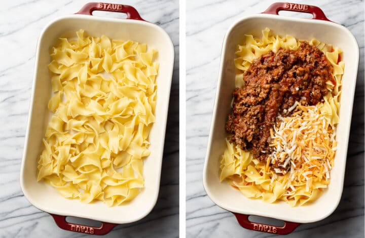 adding egg noodles, ground beef, and cheese to a casserole dish