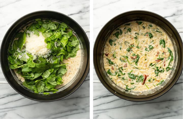 adding spinach, basil, and parmesan to a soup pot with creamy tuscan orzo
