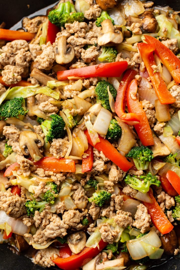 close-up of ground turkey stir fry