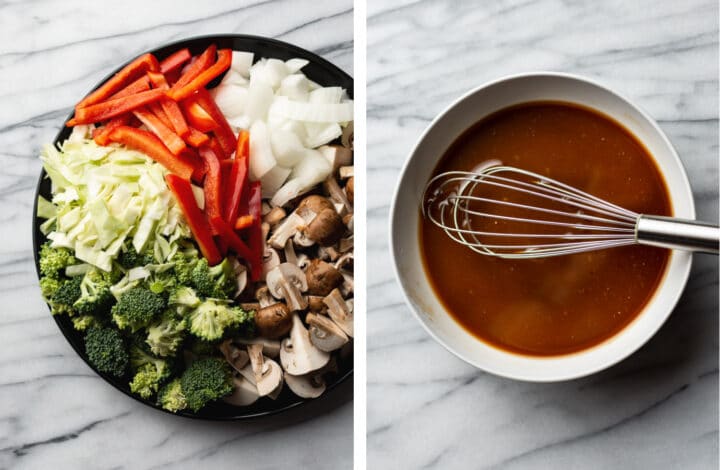 prepping vegetables and whisking sauce for ground turkey stir fry