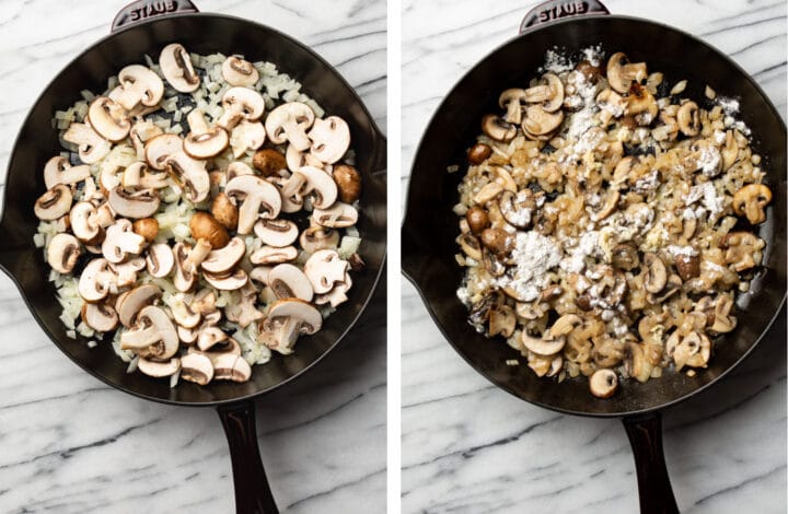 frying mushrooms and onions in a skillet for mushroom stroganoff