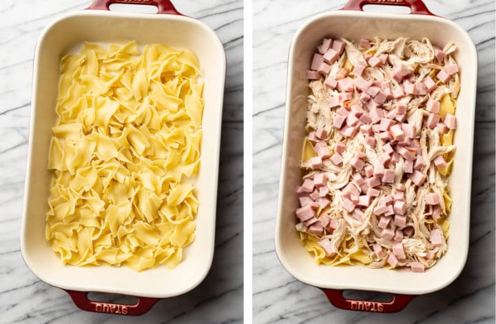 egg noodles and ham and chicken in preparation for making chicken cordon blue casserole