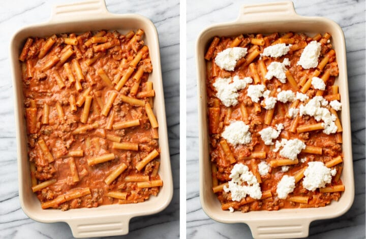 making the first layer of baked ziti in a baking dish and topping with ricotta