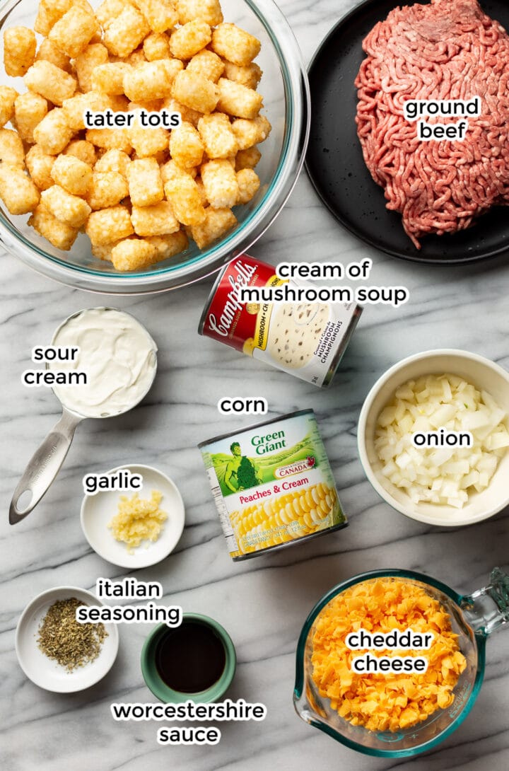 ingredients for tater tot casserole in prep bowls