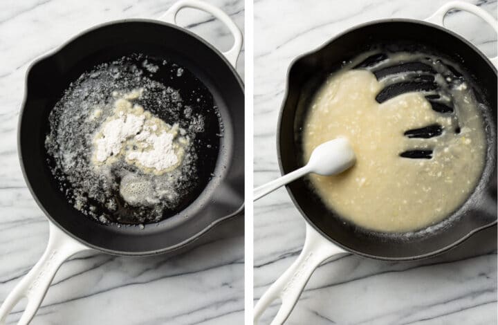 making a roux for ravioli sauce in a skillet
