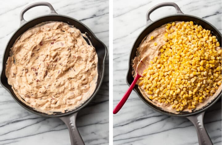 adding corn to a skillet for rotel corn dip