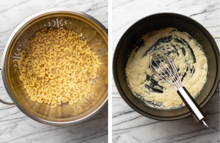 draining macaroni and making a roux for baked mac and cheese