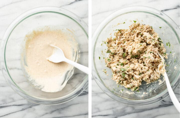 making crab mixture in a prep bowl for cajun stuffed salmon