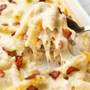 closeup of a baking dish with chicken bacon ranch casserole