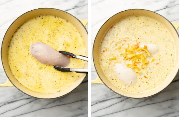 adding chicken and noodles to a dutch oven for soup