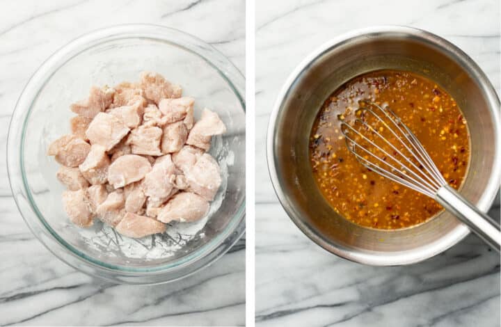 coating chicken in cornstarch and make orange chicken sauce in a bowl