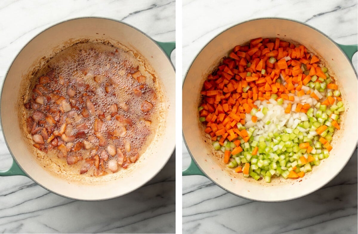 frying bacon in a soup pot and adding carrots, onion, and celery