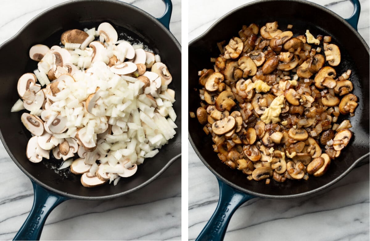 sauteing mushrooms and onions in a skillet for marsala sauce