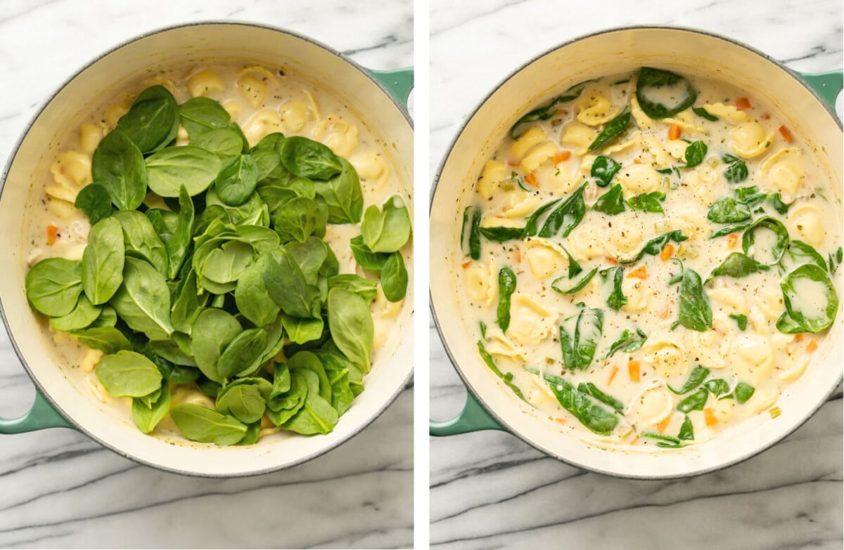 adding in spinach to a pot of creamy lemon chicken tortellini soup and simmering