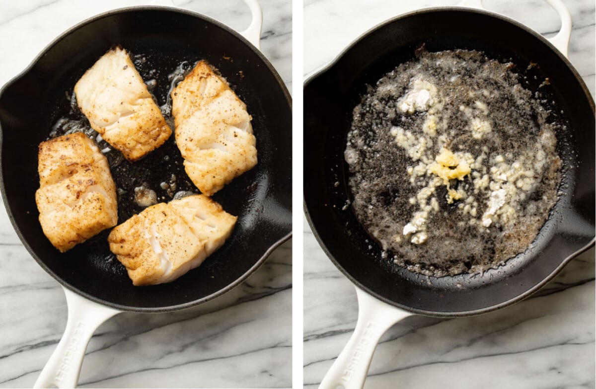 pan searing cod in a skillet and making garlic butter lemon sauce