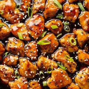 closeup of a skillet with teriyaki chicken