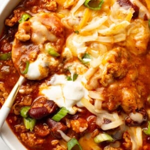 a bowl of turkey chili with a spoon