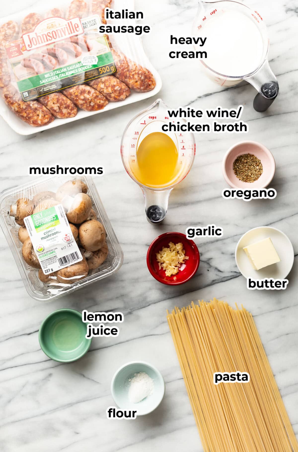 ingredients for italian sausage mushroom pasta in prep bowls