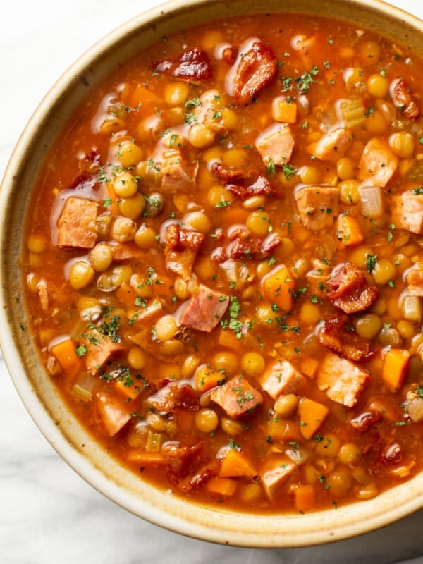 a bowl of ham and lentil soup