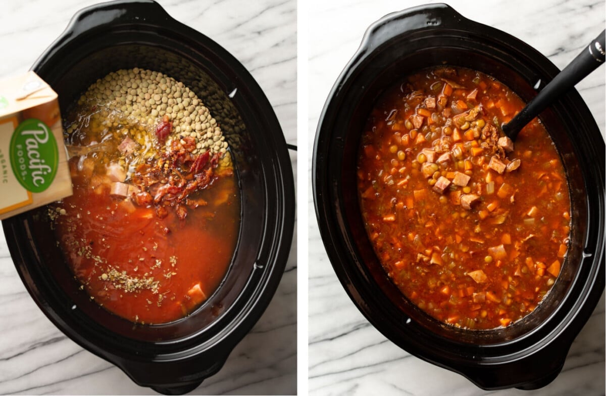 a slow cooker with ham and lentil soup before and after cooking