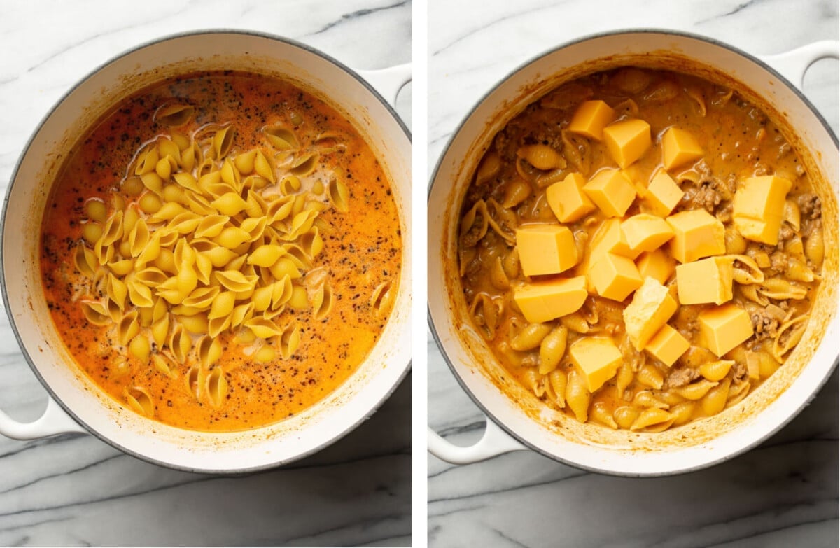 adding pasta and cheese to a pot to make one pot cheesy beef and shells