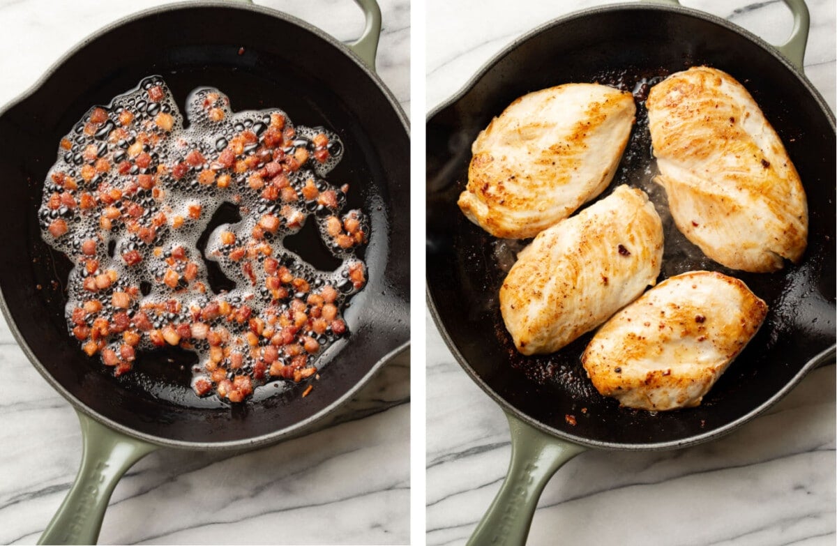 sauteing pancetta in a skillet and pan frying chicken