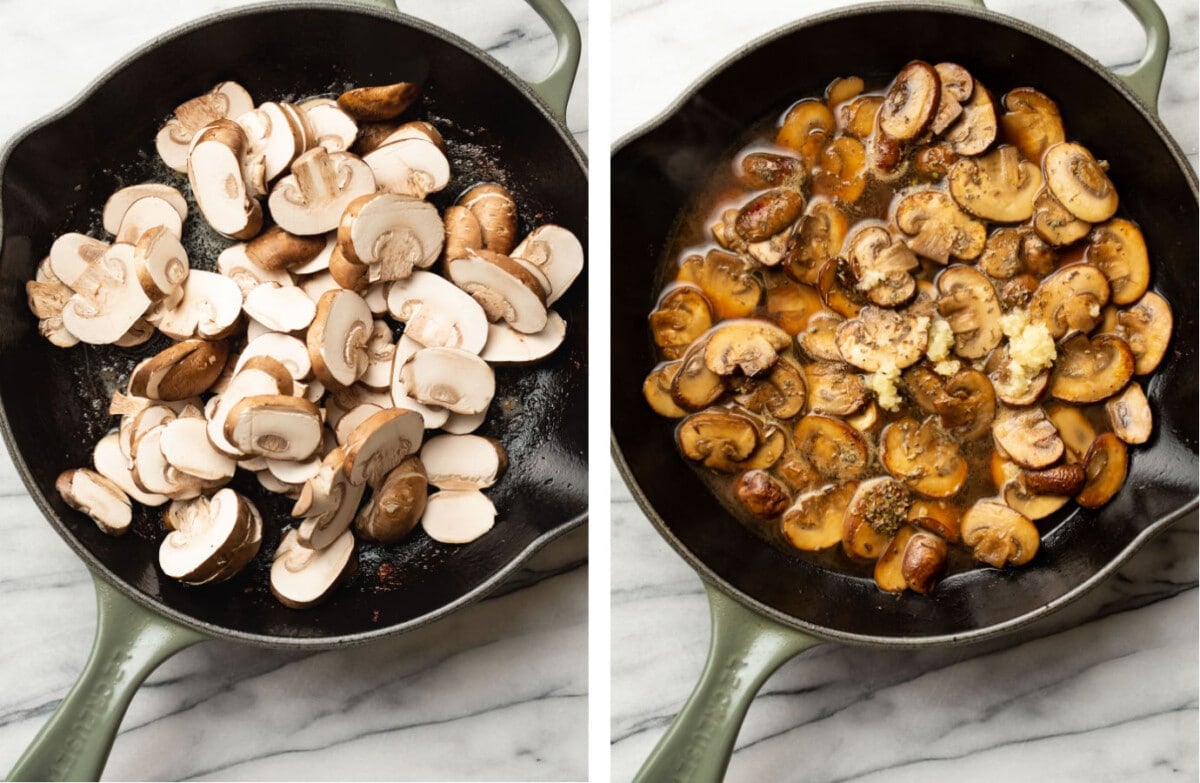 sauteing mushrooms in a skillet and adding herbs and wine