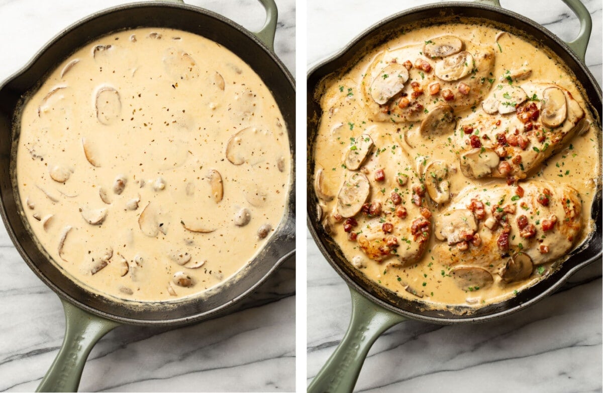 making creamy sauce in a skillet and adding chicken and pancetta