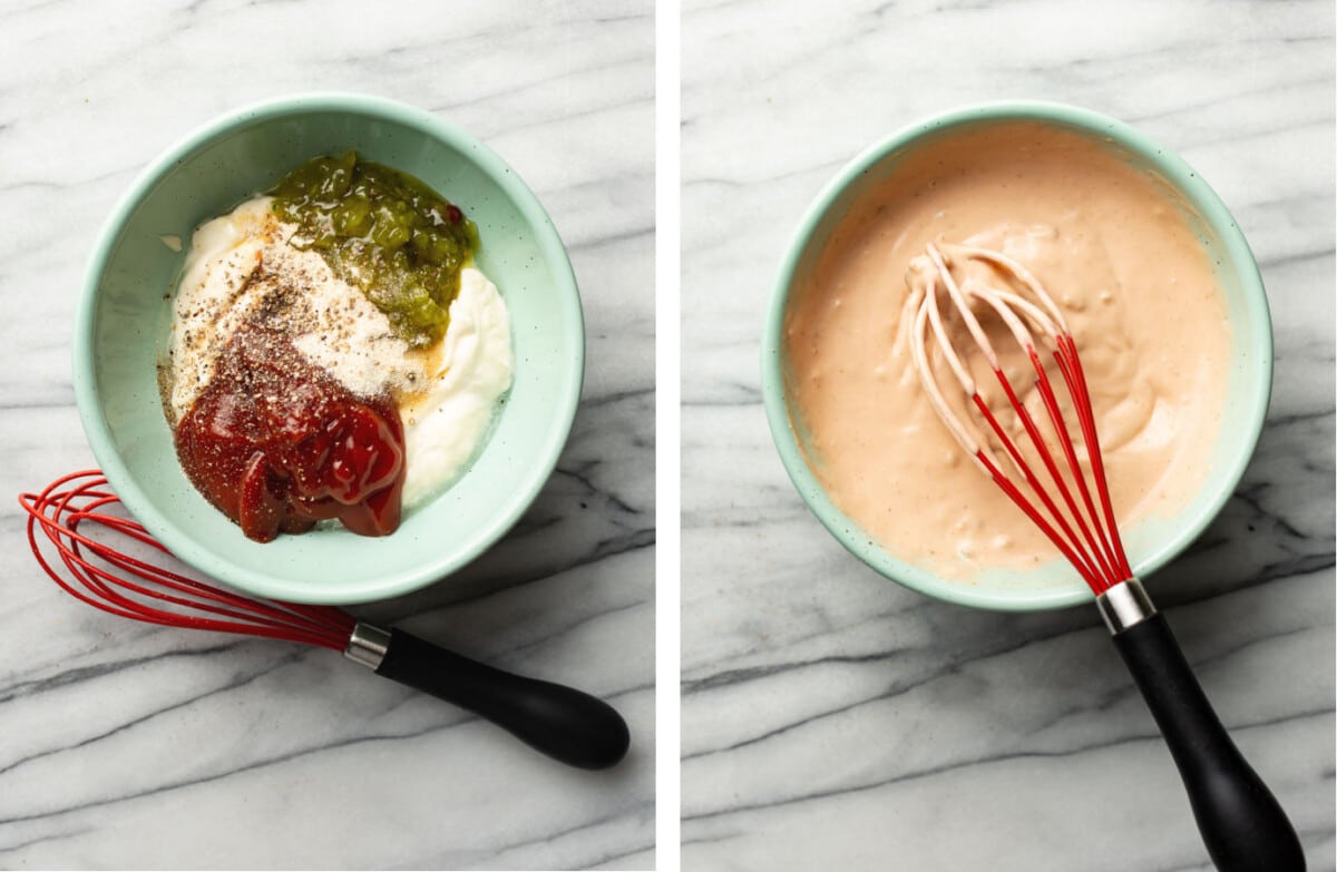 mixing homemade burger sauce in a prep bowl with a whisk