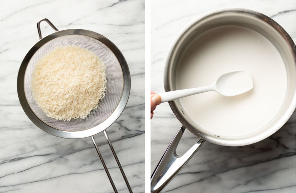 rinsing rice in a sieve and adding broth and coconut milk to a pan