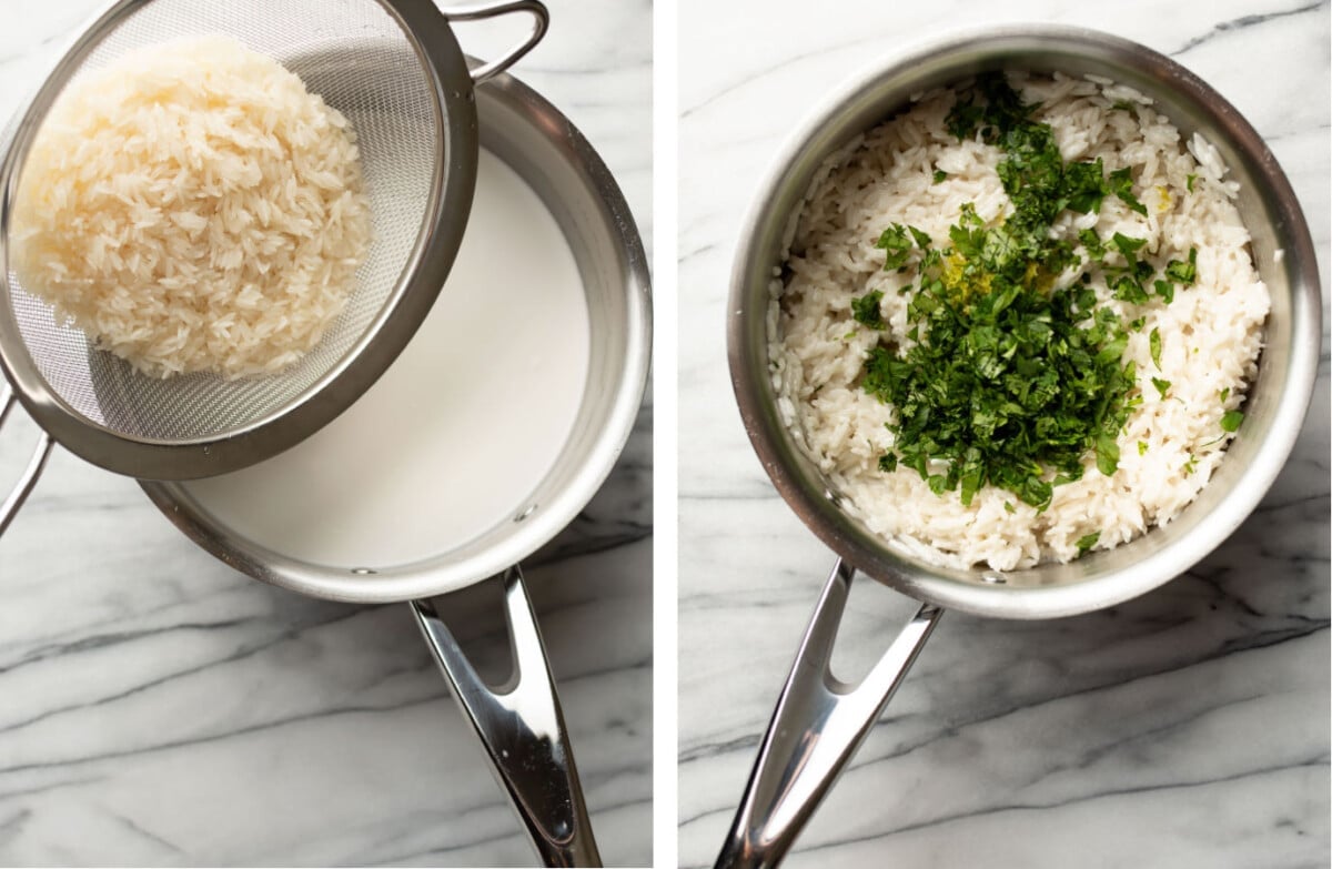 coconut lime rice in a skillet before and after cooking