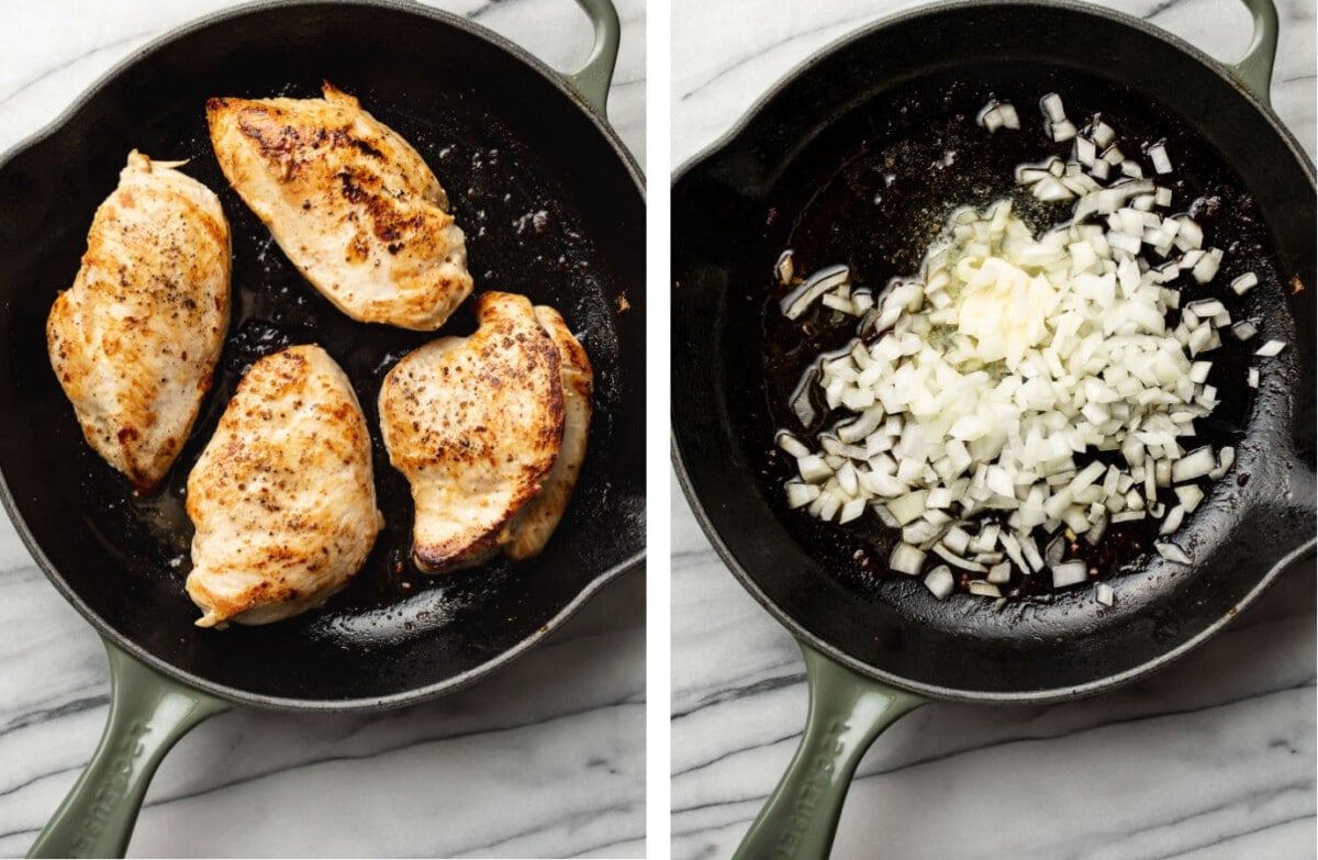 pan frying chicken in a skillet then sauteing onions
