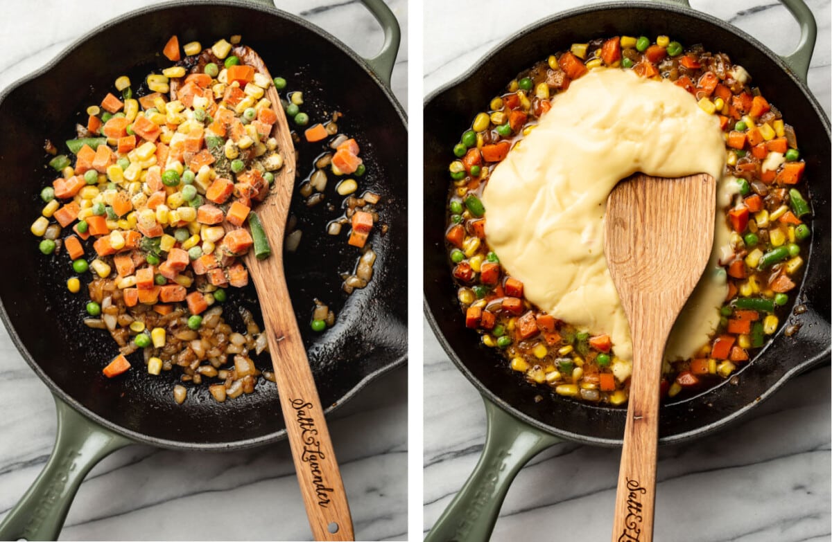 cooking vegetables in a skillet and adding condensed chicken soup to make a sauce