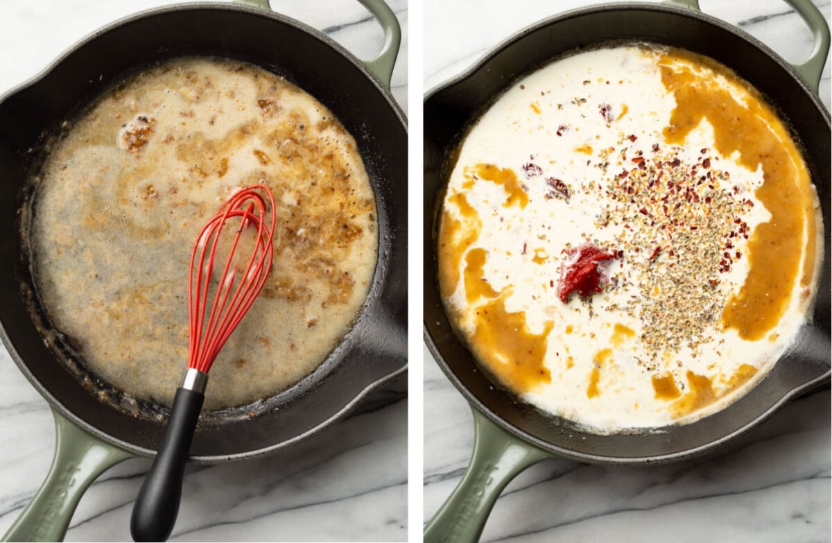 making sauce in a skillet for marry me pork tenderloin