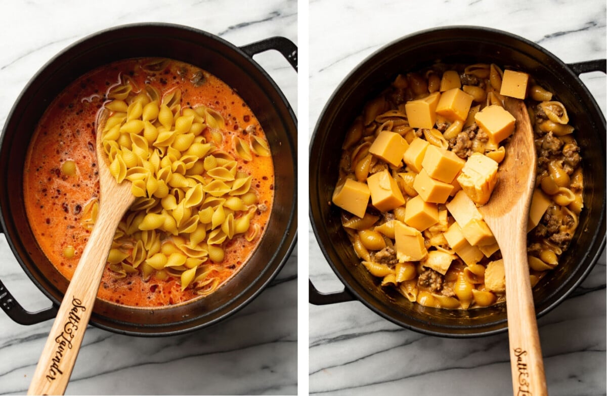 adding in pasta and broth and cheese to a soup pot