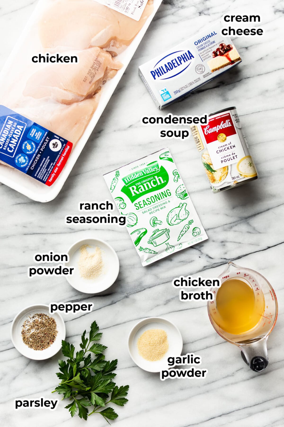 ingredients for crockpot ranch chicken in prep bowls