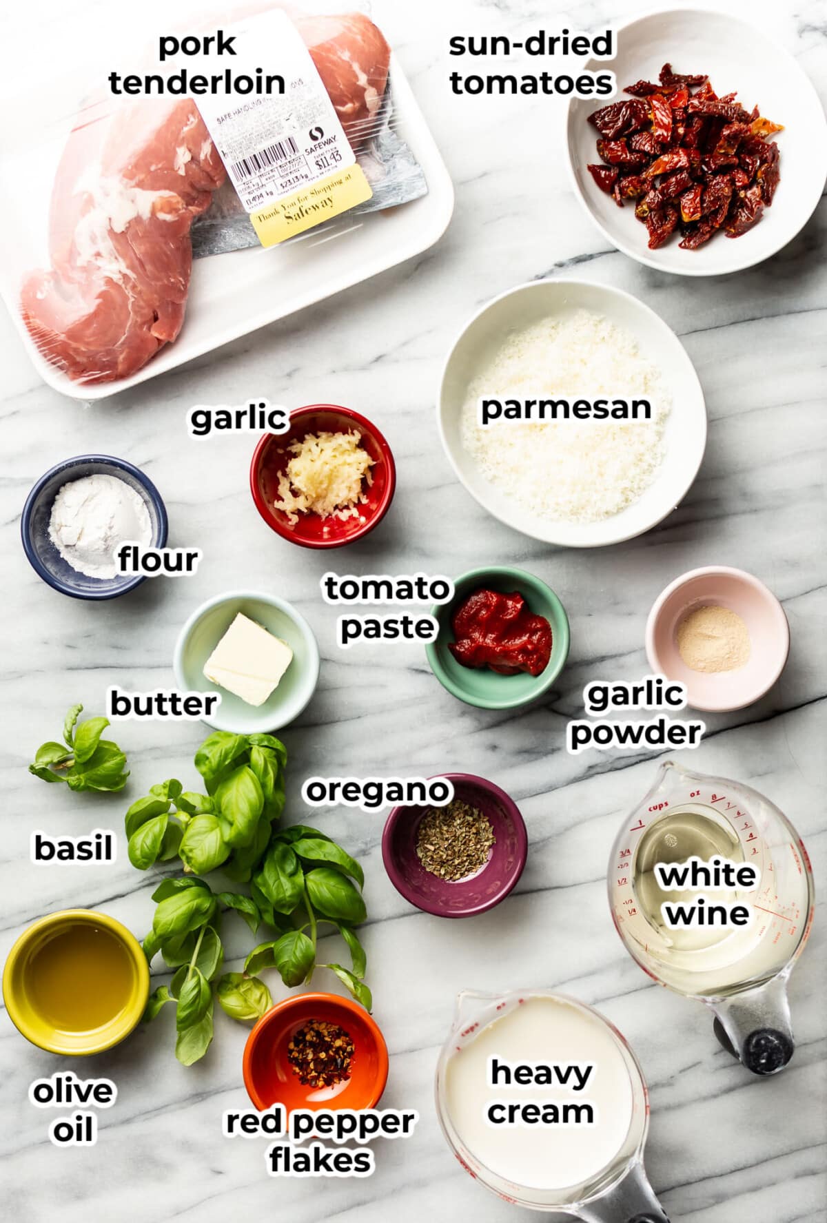 ingredients for marry me pork tenderloin in prep bowls